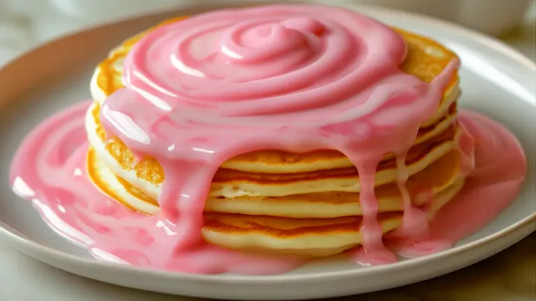 Golden Pancakes with Pink Swirl Cream - Food - AI generated image