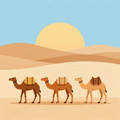 Camel Caravan Walking Across Desert at Sunset - Wildlife - AI generated image