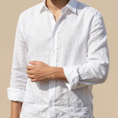 Man in White Linen Shirt with Rolled-Up Sleeves - Fashion - AI generated image