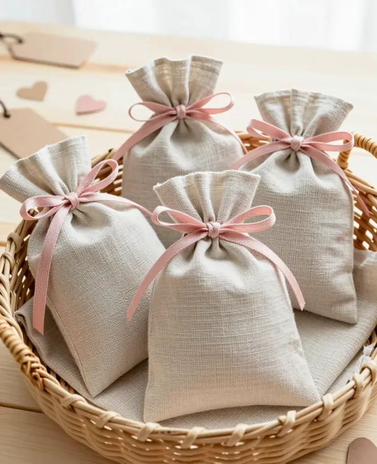 Linen Lavender Sachets with Pink Ribbons - Decor - AI generated image