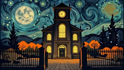 Glowing Clocktower in Starry Courtyard - Architecture - AI generated image