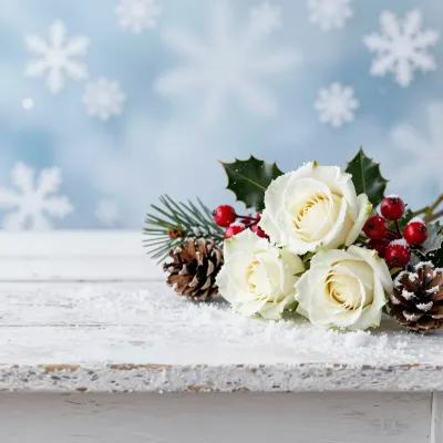 White Roses with Berries and Pine Cones in Winter - Flowers - AI generated image
