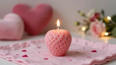 Heart-Shaped Strawberry Candle Lit in Soft Pink Setting - Decor - AI generated image