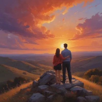 Couple Watching Sunset from Rocky Outcrop - People - AI generated image