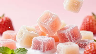 Sugared Strawberry Milk Candy Cubes Falling - Food - AI generated image