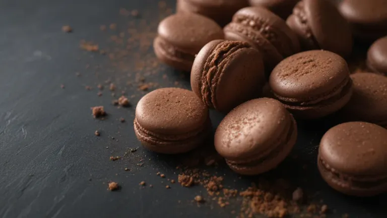 Dark Chocolate Macarons Scattered with Cocoa Powder - Food - AI generated image