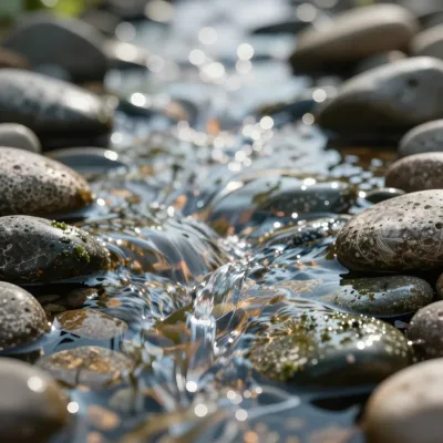 Pebbles and Stream Reflecting Soft Light - Nature - AI generated image