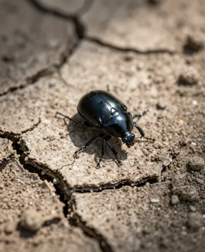 Black Beetle Crawling on Cracked Earth - Insects - AI generated image