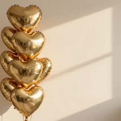 Golden Heart Balloons Gleaming in Soft Sunlight - Celebration - AI generated image