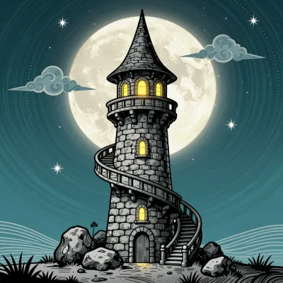 Spiral Stone Tower Illuminated at Night - Architecture - AI generated image