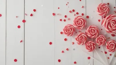 Red and White Swirl Lollipops on Wooden Planks - Food - AI generated image