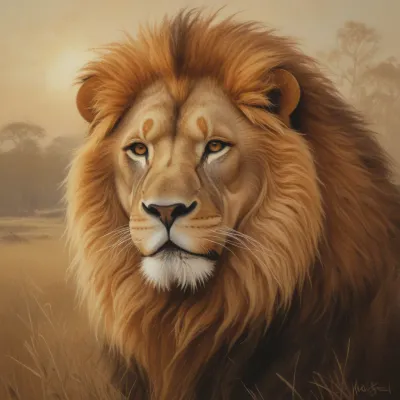 Golden Lion's Head in Savanna - Wildlife - AI generated image