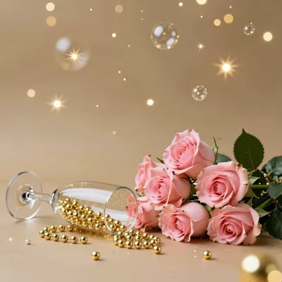 Champagne Flute Spilling Golden Beads with Pink Roses - Beverages - AI generated image