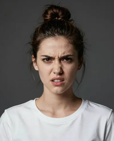 Woman with Intense Expression in White Shirt - Portrait - AI generated image