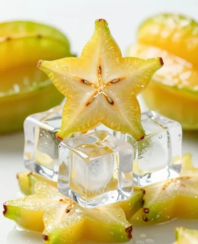 Starfruit Slice Balanced on Ice Cubes - Food - AI generated image