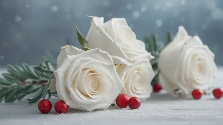 White Roses and Red Berries in Winter Frost - Flowers - AI generated image
