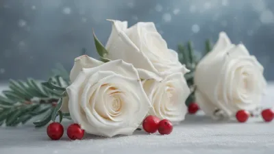 White Roses and Red Berries in Winter Frost - Flowers - AI generated image