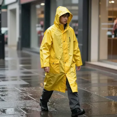 Person in Yellow Hooded Raincoat Walking on Wet Pavement - People - AI generated image