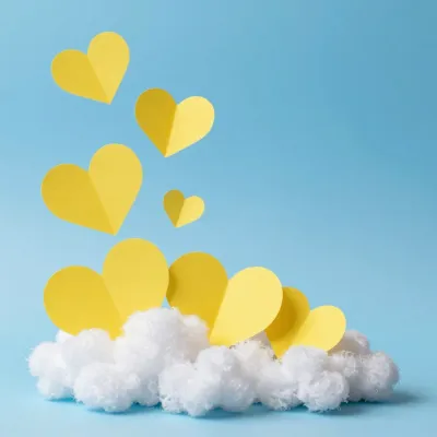 Yellow Paper Hearts Ascending Among Fluffy Clouds - Art - AI generated image