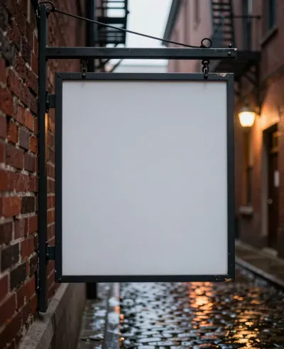Blank Signboard Hanging in Wet Cobblestone Alley - Urban - AI generated image