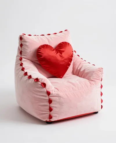 Pink Beanbag Chair with Red Heart Pillow - Furniture - AI generated image