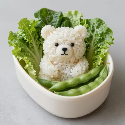 Rice Bear with Greens in Ceramic Bowl - Food - AI generated image