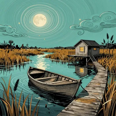 Moonlit Marsh Cabin with Weathered Boat - Architecture - AI generated image