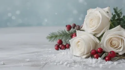 White Roses and Red Berries in Snow - Flowers - AI generated image