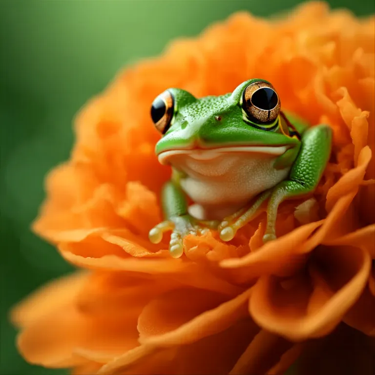 Green Frog Perched on Ruffled Petals - Wildlife - AI generated image