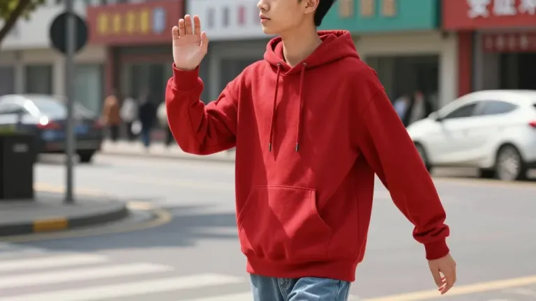 Red-Hoodie Young Man Waving at Street Corner - People - AI generated image