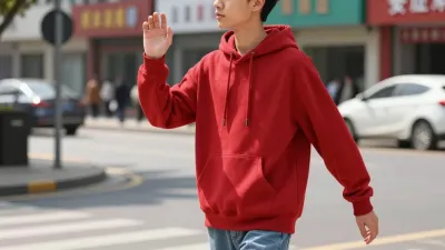 Red-Hoodie Young Man Waving at Street Corner - People - AI generated image