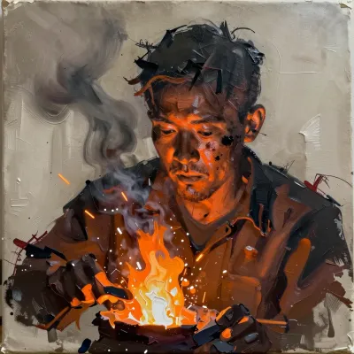 Fiery Figure in Dark Jacket - Art - AI generated image