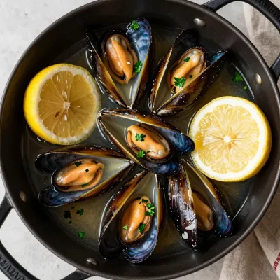 Garlic-Butter Mussels in Cast-Iron Skillet - Food - AI generated image
