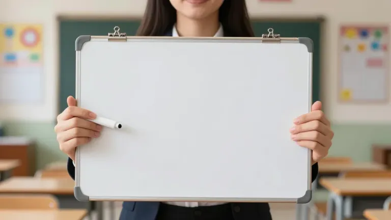 Young Woman Holding Whiteboard in Classroom - Education - AI generated image