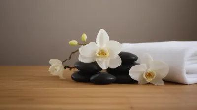 White Orchid with Dark Stones and Towels - Flowers - AI generated image