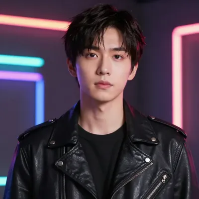 Young Individual in Leather Jacket Neon Backdrop - Fashion - AI generated image