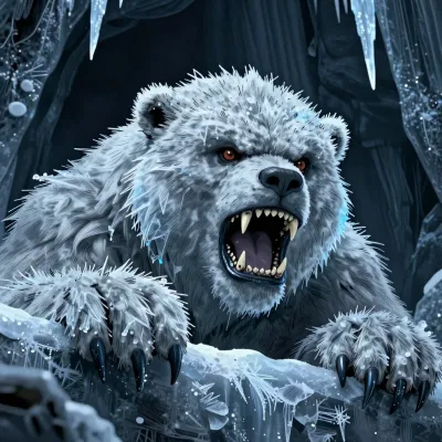 Frost-Covered Bear Roaring in Icy Cave - Wildlife - AI generated image
