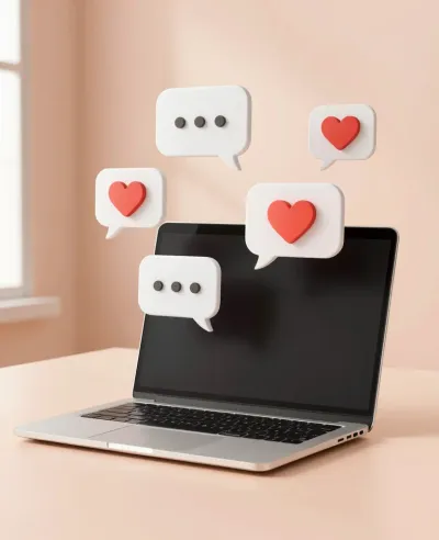 Laptop with Floating Hearts and Speech Bubbles - Technology - AI generated image