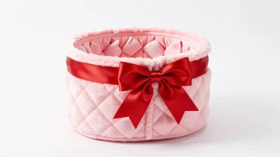 Pink Plush Basket with Red Ribbon - Product - AI generated image