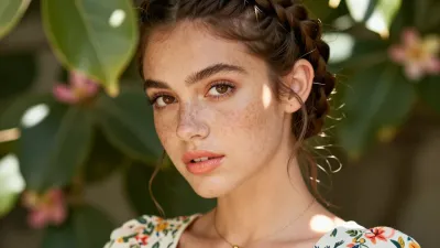 Freckled Woman with Braid in Floral Garden - Portrait - AI generated image