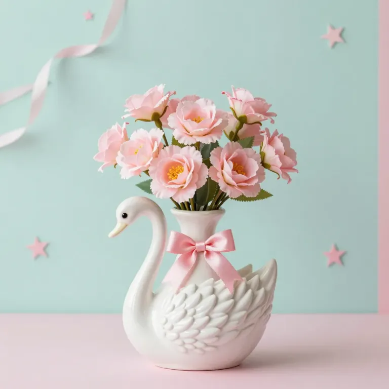 Ceramic Swan Vase with Pink Flowers - Decor - AI generated image
