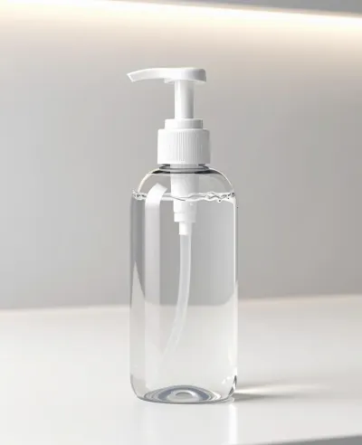 Clear Glass Shampoo Bottle with White Pump - Bathroom - AI generated image