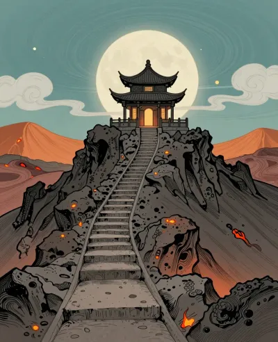 Temple on Volcanic Ridge at Night - Architecture - AI generated image