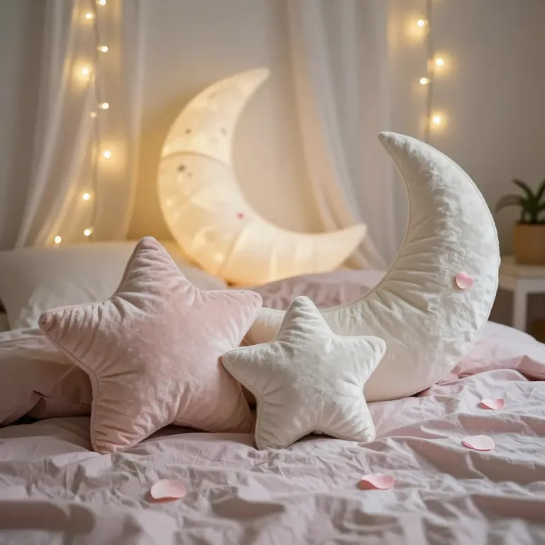 Crescent Moon and Star Pillows in Soft Glow - Bedding - AI generated image