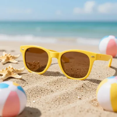 Yellow Sunglasses on Sandy Shoreline - Accessories - AI generated image