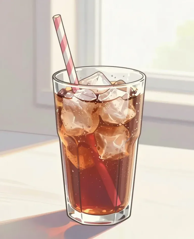 Cherry Soda with Ice Cubes and Striped Straw - Food and Drink - AI generated image