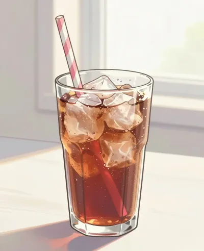 Cherry Soda with Ice Cubes and Striped Straw - Food and Drink - AI generated image