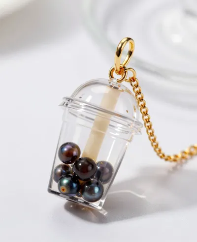 Miniature Boba Cup Pendant with Pearls and Bubble - Jewelry - AI generated image