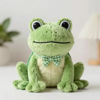 Fuzzy Green Plush Frog on Stone - Plush Toys - AI generated image
