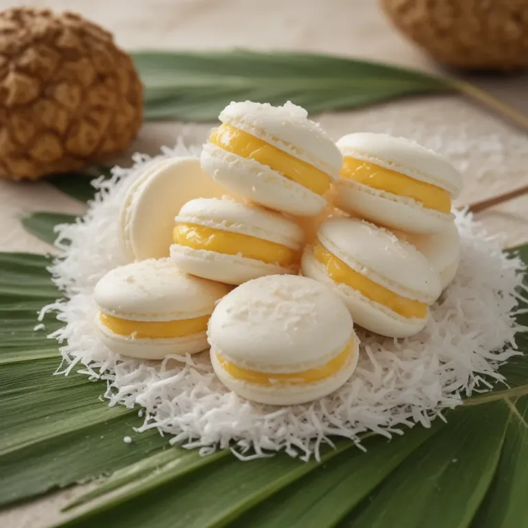Tropical Coconut Macarons with Shredded Coconut - Food - AI generated image